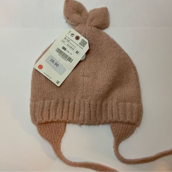New Zara Baby Girl Fuzzy Bunny Ears Warm Hat 6-12M - Picture 2 of 8